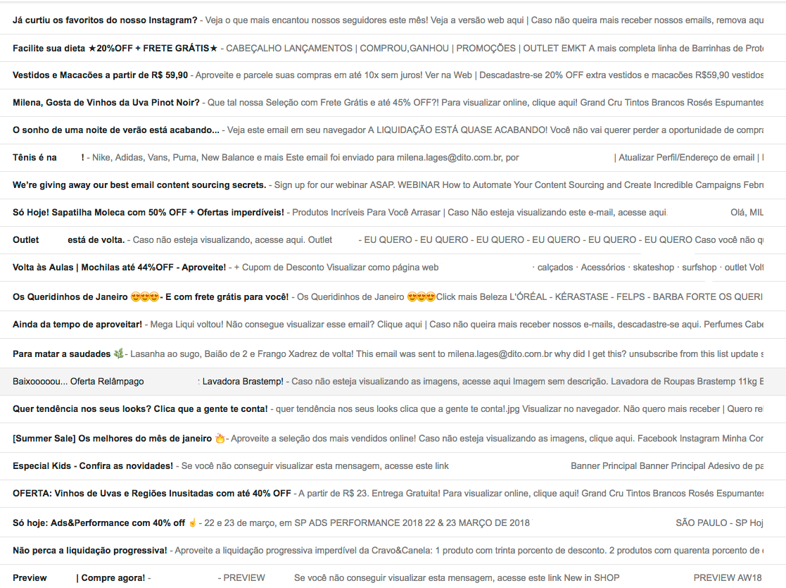 Essa é minha caixa de entrada dos e-mails na aba Promoções. Veja como os emojis são os que mais chamam atenção. 