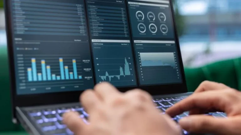 Pessoa usando um notebook que exibe na tela números e gráficos.