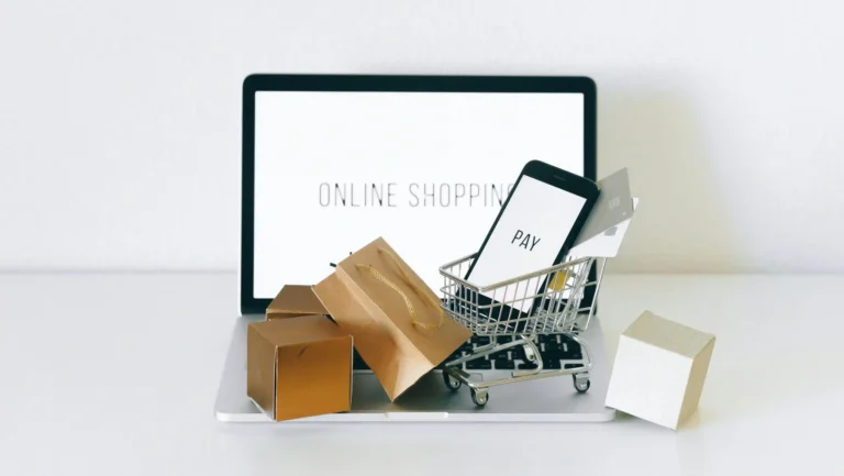 Imagem de um notebook e miniatura de um carrinho de compras e sacolas.
