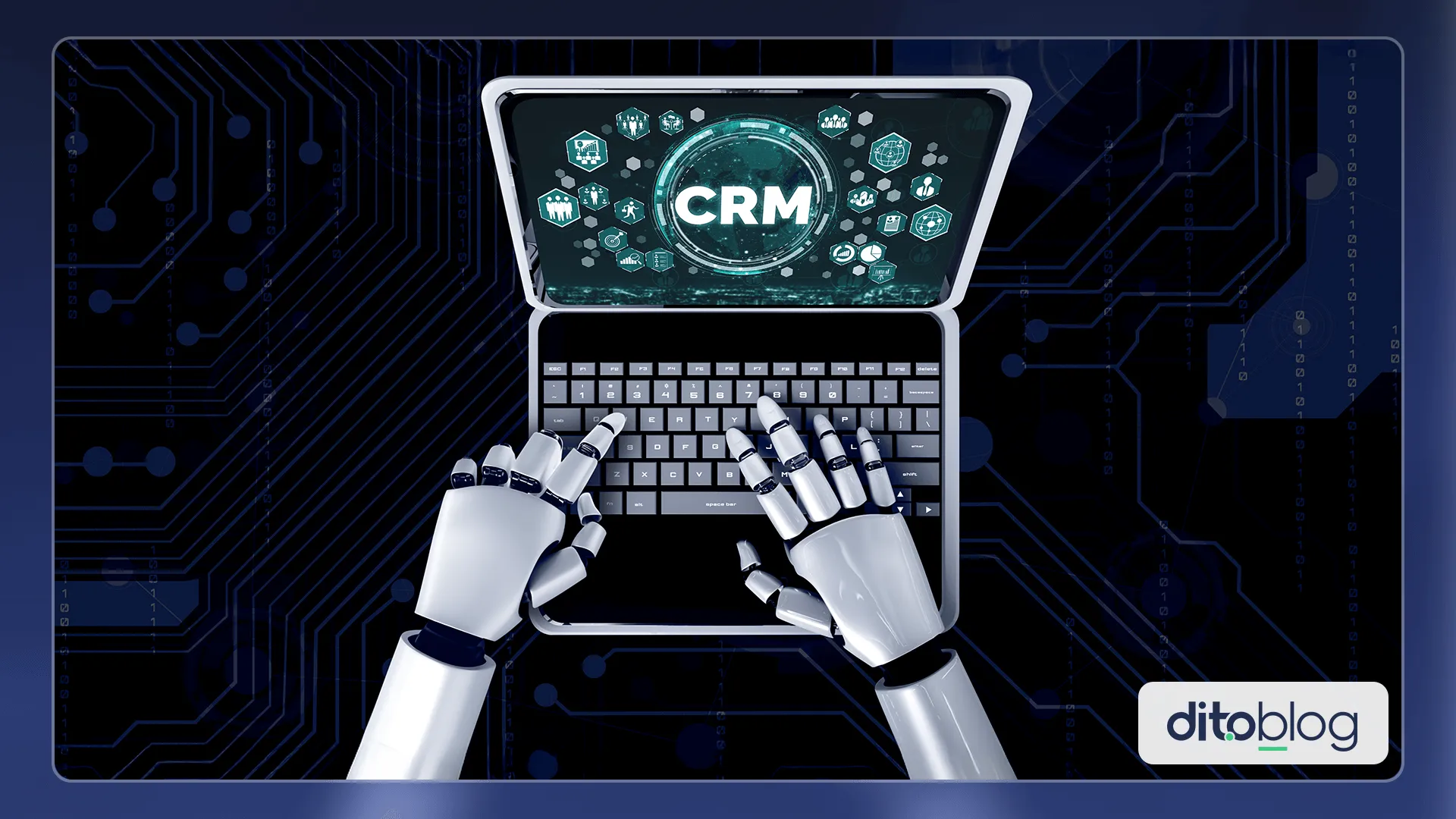 Mãos de robô usando um notebook que apresenta na tela a palavra CRM.