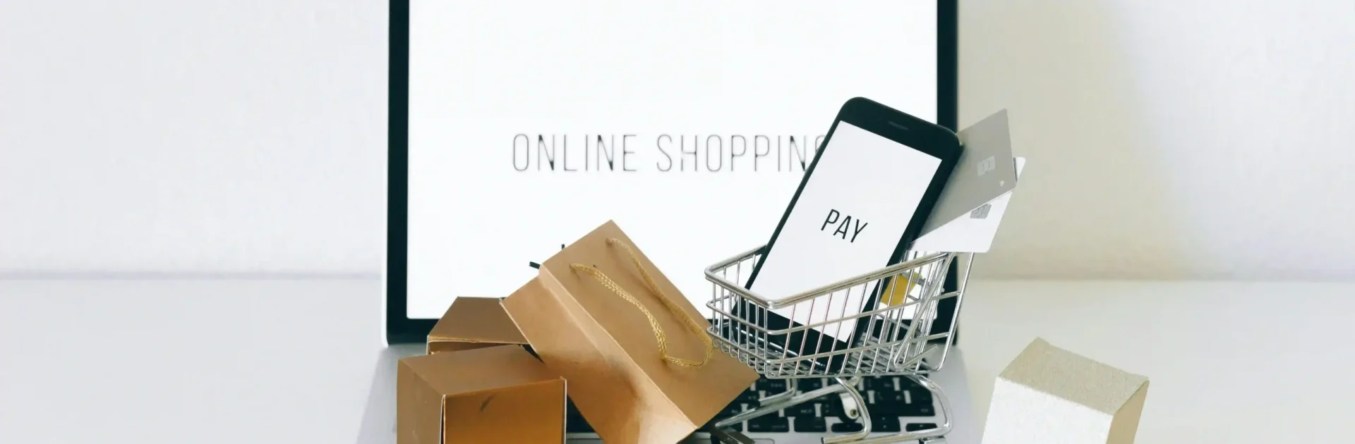 Imagem de um notebook e miniatura de um carrinho de compras e sacolas.